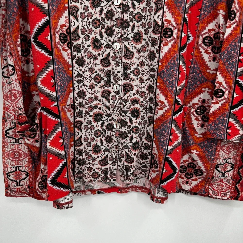 LOGO Lori Goldstein Red Mixed Print Button Front Cardigan Top XL Womens